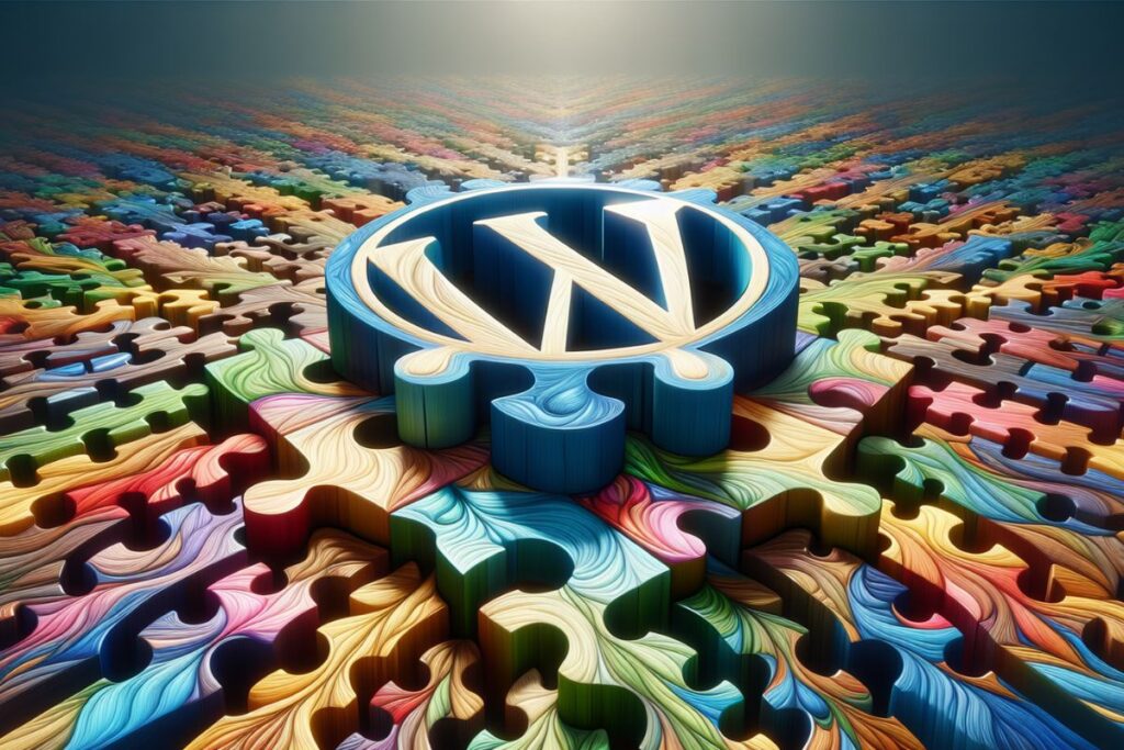 Image of a WordPress logo surrounded by colorful puzzle pieces.
