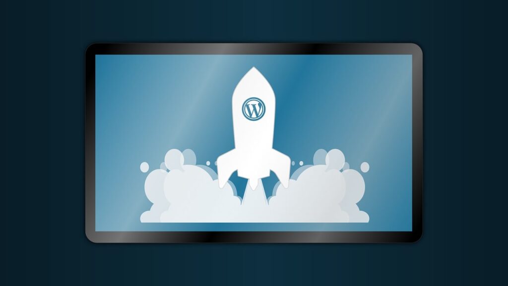 Rocket with WordPress logo launching